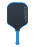 A J3CR pickleball paddle with a black paddle face, bright blue border, and a blue wrapped handle, shown against a plain white background.