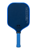 A blue and black pickleball paddle with a blue grip handle, featuring the J3CR logo and UPA certification on a white background.
